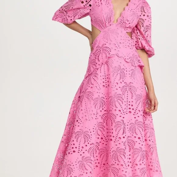 FARM Rio Pink Richelieu Midi Dress Eyelet Scallop Cutout Tuckernuck Sundress - Picture 4 of 9